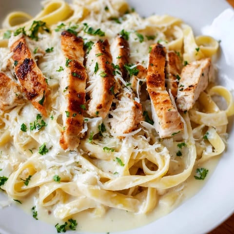 Creamy Skillet Chicken Alfredo with tender chicken and fettuccine pasta, a comforting homemade meal.