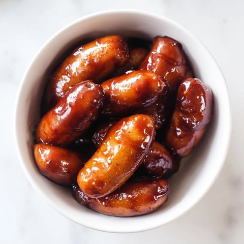 Crock Pot BBQ Cocktail Sausages glazed in a sticky, sweet and tangy barbecue sauce are served warm with toothpicks for an easy game-day appetizer.