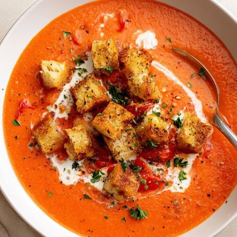 The Roasted Red Pepper Soup With Crispy Croutons is served in a rustic white bowl, showcasing its vibrant red-orange hue and garnished with fresh parsley.  