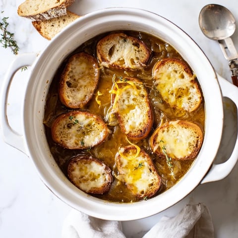 Golden, slow-caramelized onions simmer in a rich beef broth, topped with a toasted baguette slice and bubbly, melted Gruyère cheese.