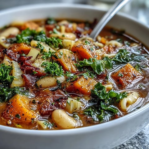 A hearty bowl of Winter Minestrone Soup featuring tender squash, kale, and pasta in a rich broth, garnished with Parmesan.  