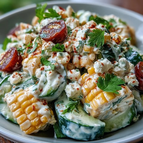 Fresh Street Corn Creamy Cucumber Salad in a bowl with corn, cucumbers, tomatoes, and creamy dressing.  