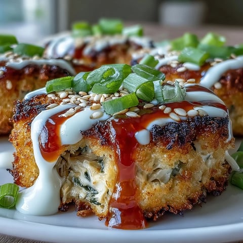 Golden-brown Asian-Style Tuna Cakes fried in a skillet, garnished with green onions and sesame seeds, served alongside a creamy spicy mayo dipping sauce.