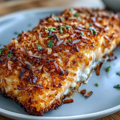 A close-up of coconut crusted salmon fillet topped with vibrant pineapple salsa, garnished with lime wedges.