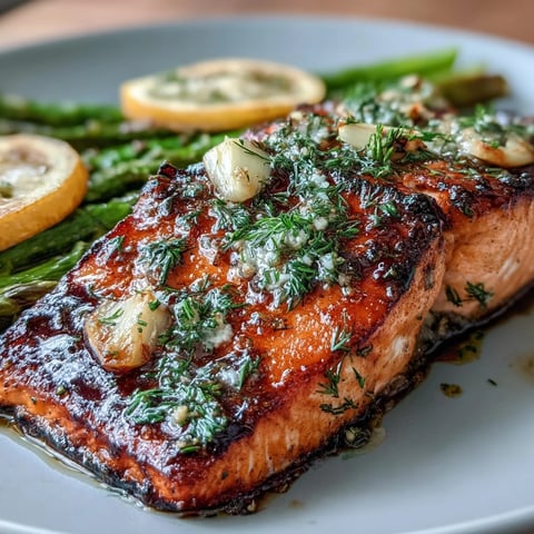 Golden-baked Marry Me Salmon fillets glistening with olive oil, minced garlic, and fresh lemon slices, topped with bright green dill on a rustic baking sheet.  