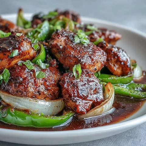 Tender pieces of Black Pepper Chicken coated in a glossy, spicy sauce with sautéed green peppers and onions.