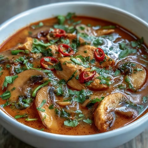 Close-up of Thai Coconut Curry Soup Bowl with vibrant vegetables.