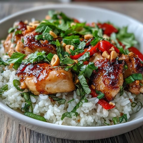 Creamy Thai Chicken Coconut Bowl with vibrant bell peppers and fresh herbs.