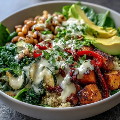 Black-Eyed Pea Buddha Bowl topped with creamy avocado, vibrant roasted vegetables, and a rich tahini drizzle, served over fluffy quinoa.