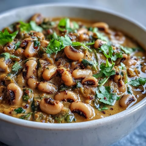 Freshly cooked Black-Eyed Pea Curry is served steaming hot in a rustic white bowl, topped with chopped cilantro and a lime wedge. The creamy coconut sauce glistens next to fluffy basmati rice.