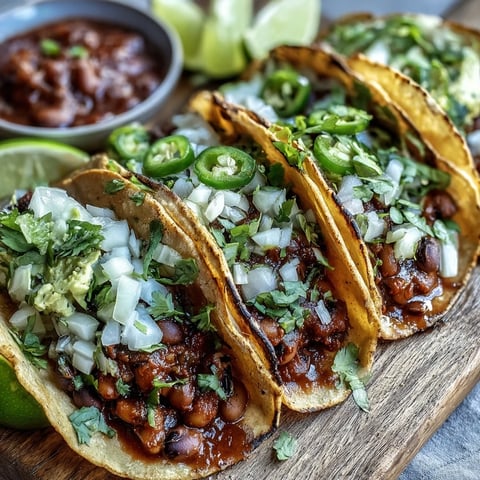 Warm black-eyed pea tacos topped with fresh cilantro, diced onion, and lime wedges on a rustic plate.