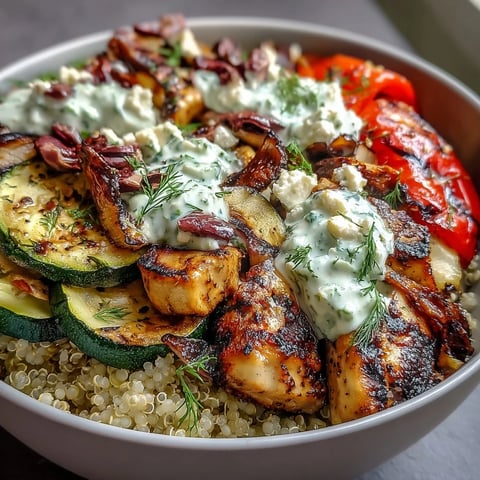 Sizzling grilled chicken and charred vegetables fill a bowl of fluffy quinoa, topped with crumbled feta and olives.