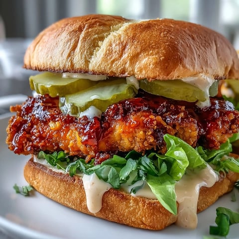 Golden-brown spicy fried chicken piled high on a toasted brioche bun, topped with crisp lettuce, juicy tomato slices, and tangy pickles.  