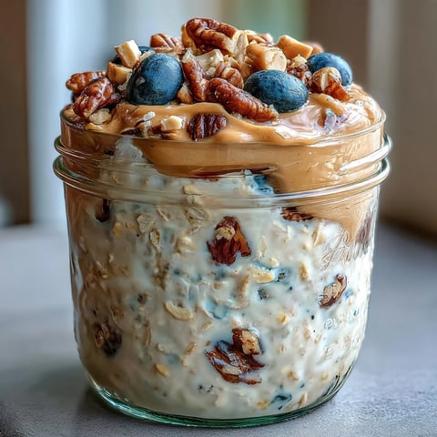 In a clear jar, creamy high-protein peanut butter overnight oats are layered with ripe banana slices and chopped roasted peanuts for a hearty breakfast.  