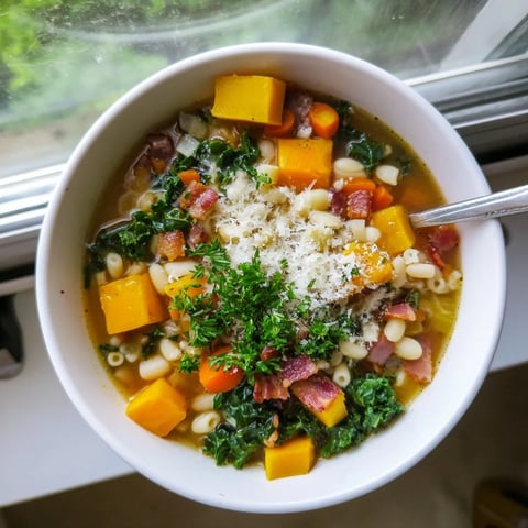 A warm bowl of Fall Minestrone soup with butternut squash, kale, and pancetta, garnished with Parmesan.  