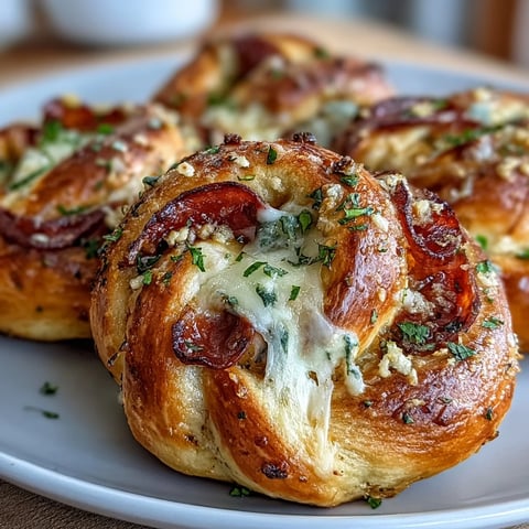 Golden-brown Pizza Roll Stuffed Garlic Knots fresh from the oven, brushed with butter and herbs.