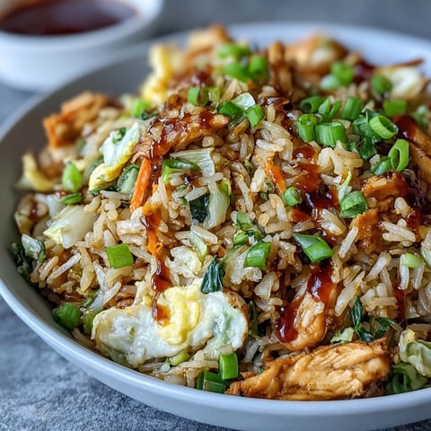Sizzling hot Egg Roll Fried Rice with Chicken, scrambled eggs, and crisp cabbage in a skillet.