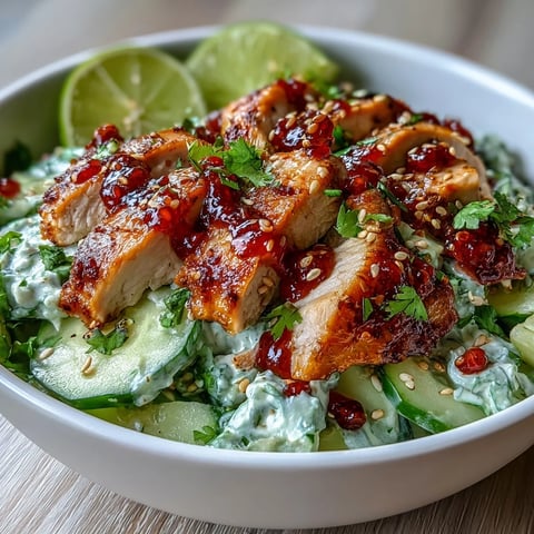 Cool, creamy TikTok Chili-Crisp Cucumber Chicken Bowls served over fluffy rice with a generous drizzle of spicy chili crisp.