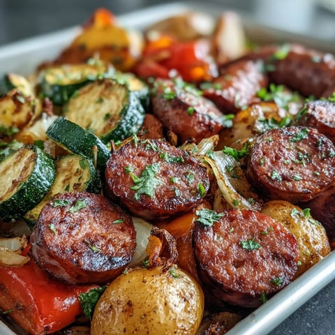 Golden roasted smoked sausage and colorful vegetables on a sheet pan, served with warm garlic naan for a cozy weeknight meal.