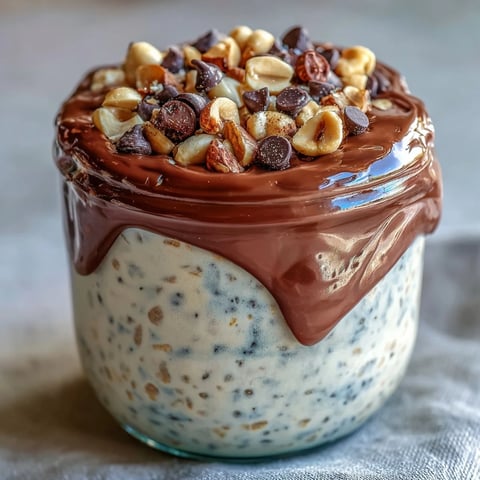 Creamy peanut butter cup overnight oats in a glass jar, layered with chocolate ganache and topped with chocolate chips.