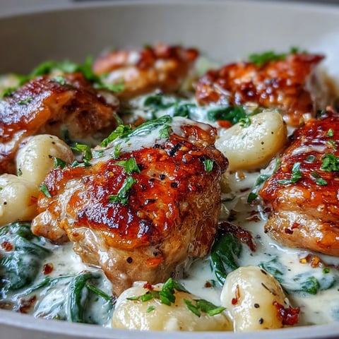 Golden, skillet-seared chicken thighs nestled in creamy gnocchi with wilted spinach, Parmesan, and garlic, served bubbling from the oven.