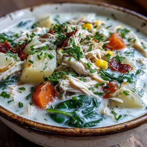 Creamy Ranch Chicken Veggie Soup steams in a white bowl, topped with parsley and chives, served with crusty bread on the side.