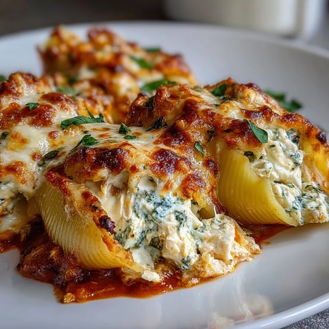 Golden-baked Pesto Lasagna Stuffed Shells fresh from the oven, filled with creamy ricotta and shredded chicken.