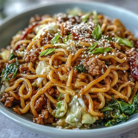 Korean Turkey Fried Noodles served hot, garnished with green onions and sesame seeds for a flavorful fusion meal.