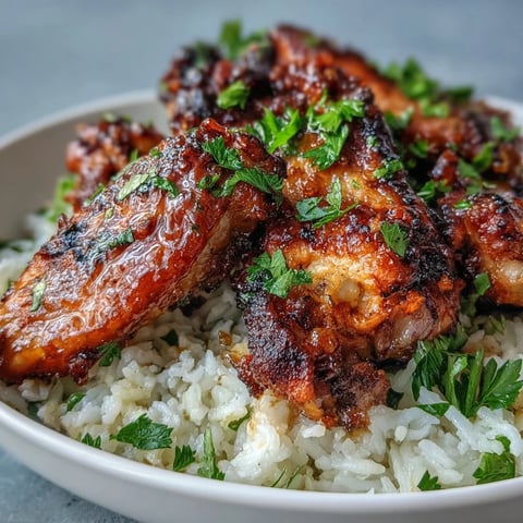 Oven-Baked Honey Garlic Chicken Wings & Rice features crispy, sticky wings glistening with sauce beside fluffy, buttery grains.