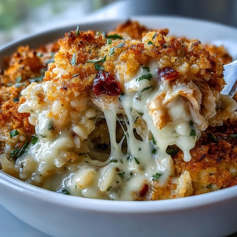 Golden-brown Creamy Garlic Chicken & Rice Casserole fresh from the oven, topped with bubbly mozzarella and crisp panko breadcrumbs.