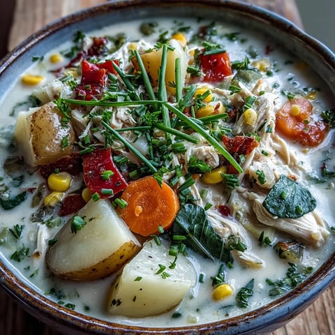 Creamy Ranch Chicken Veggie Soup served in a rustic bowl with corn, potatoes, spinach, and fresh chives.