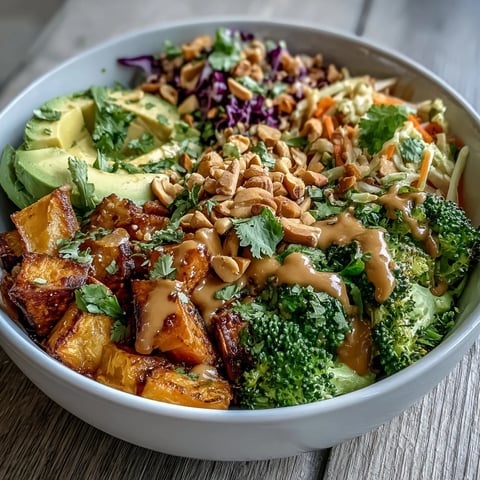 Crispy roasted sweet potato cubes and vibrant broccoli florets drizzled with creamy Thai peanut sauce in a Buddha Bowl.
