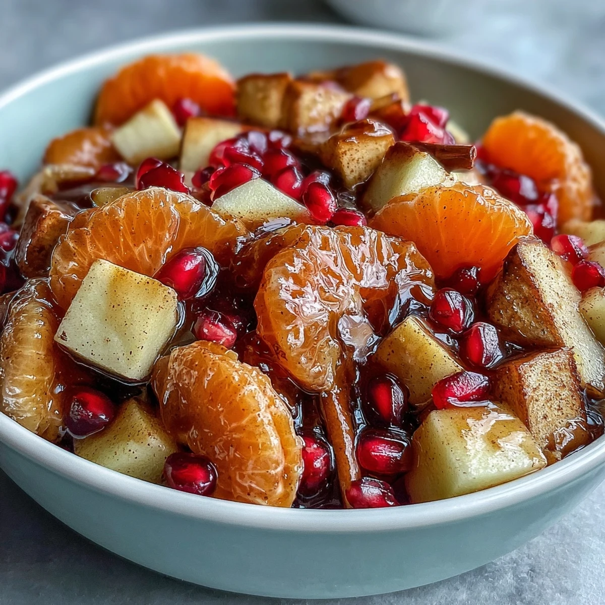 Winter Fruit Salad with Cinnamon Vanilla Dressing in a glass bowl with fresh pomegranate arils and mandarin oranges.