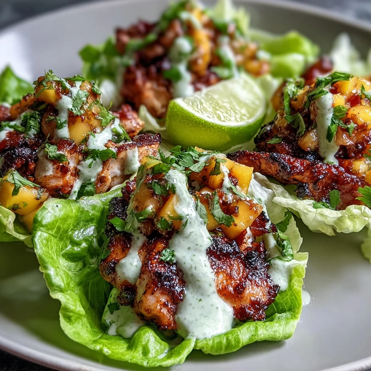 Four tender jerk chicken lettuce cups filled with mango salsa and drizzled with coconut crema on a platter.