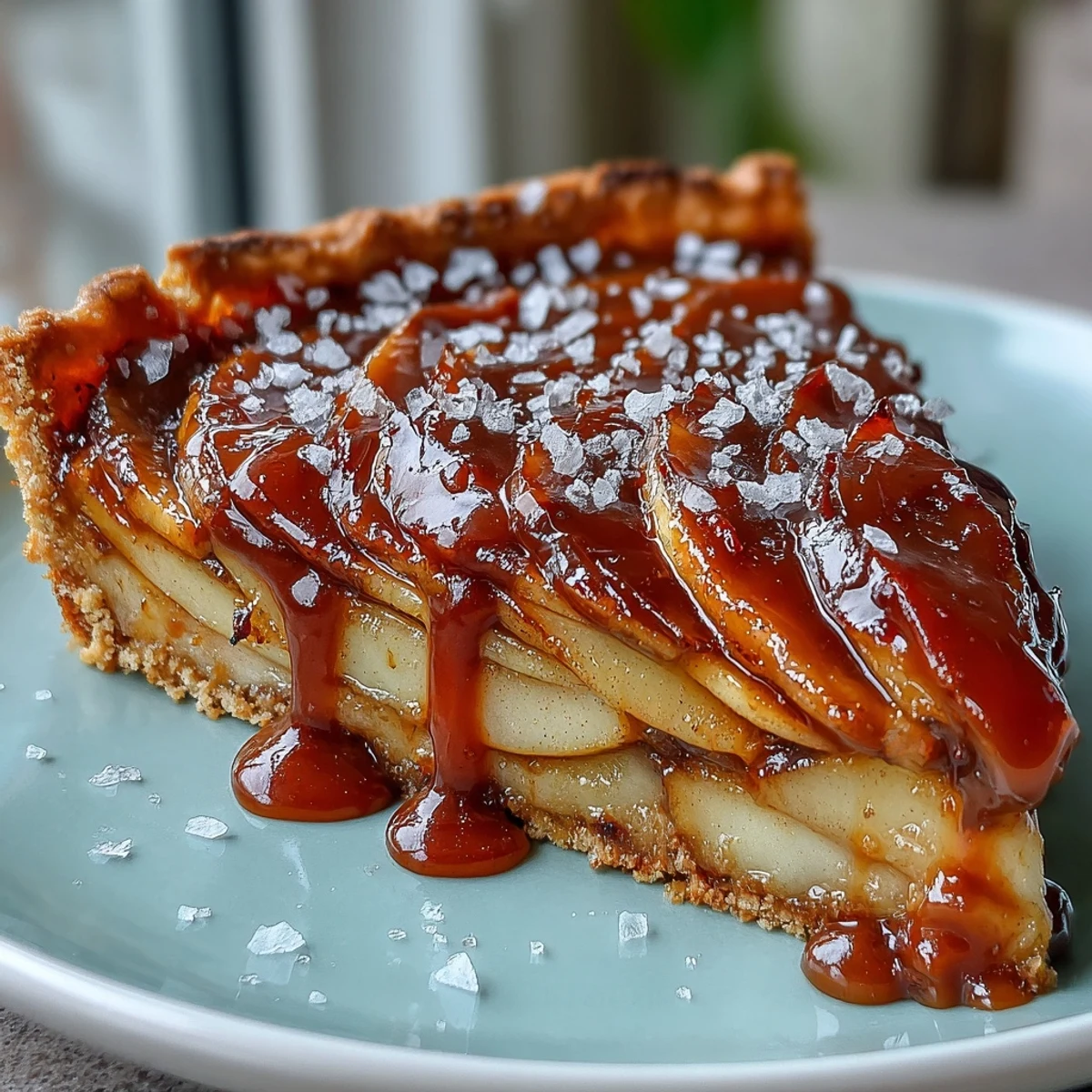 Freshly baked Salted Caramel Apple Tart shows warm, thinly sliced apples inside a golden-brown crust.
