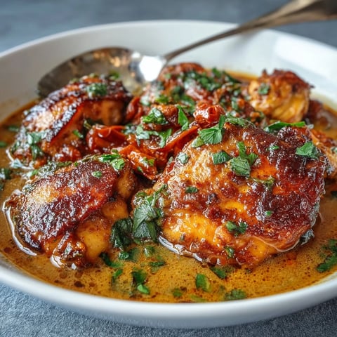 Golden-brown Spicy Tangy Baked Chicken Curry thighs rest in a vibrant orange coconut curry sauce, garnished with fresh cilantro.