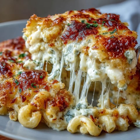 Golden, bubbly Four-Cheese Mac & Cheese Bake fresh from the oven, served in a rustic dish.