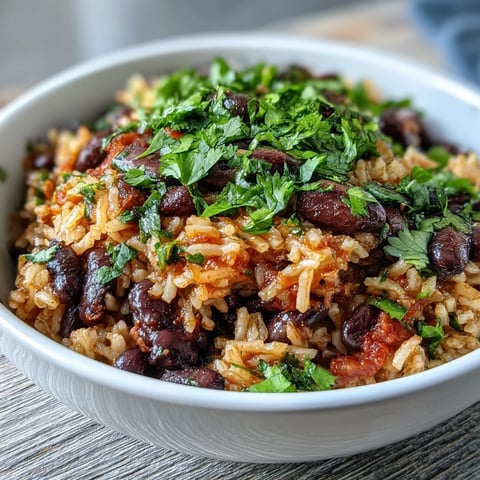 Fork-fluffed Spanish Rice and Beans steaming beside fresh cilantro garnish.