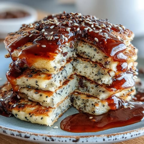 Golden-brown Black Sesame Pancakes sizzling on a griddle, showcasing a fluffy interior and nutty aroma.