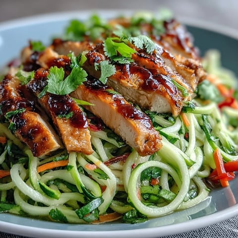 Summer Detox Cucumber Noodle Salad with Chili-Lime Grilled Chicken plated with vibrant red peppers and fresh cilantro. 