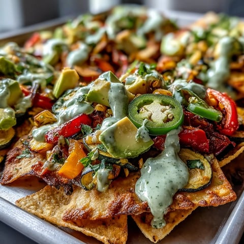 Golden-baked Sheet Pan Salsa Verde Veggie Nachos are topped with creamy homemade cashew queso and fresh avocado.