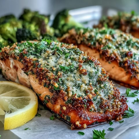 Golden-brown Keto Garlic Parmesan Salmon with roasted broccoli and fresh lemon wedges on a white plate, ready to serve.