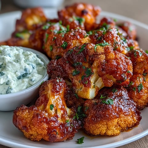 Oven-roasted Keto Buffalo Cauliflower Wings with a creamy ranch yogurt dip, perfect for a spicy, low-carb appetizer.