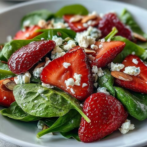 Fresh baby spinach and sliced strawberries tossed with feta and crunchy toasted almonds for a vibrant salad.