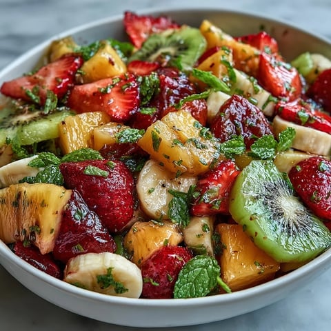 Colorful diced pineapple, mango, papaya, and kiwi are tossed in a fresh mint lime dressing in a white bowl, garnished with lime zest.