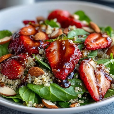 A vibrant bowl of Strawberry Spinach Quinoa Salad showcases fresh strawberries and toasted almonds tossed in a glossy balsamic vinaigrette. This colorful, vegetarian recipe is perfect for a light, gluten-free summer lunch. Fresh spinach leaves and fluffy quinoa add vibrant color and texture to the beautiful bowl. A drizzle of balsamic dressing coats the ingredients, making the salad look tangy and sweet. Serve this refreshing dish on a wooden table for a healthy, seasonal meal idea.