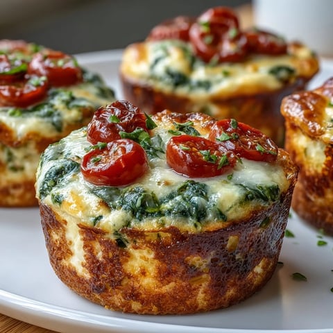 Freshly baked High-Protein Egg Muffin Cups with Spinach and Tomatoes, garnished with sliced green onions on a marble counter.