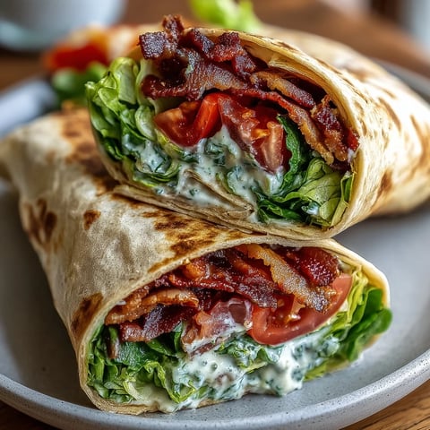 Gourmet BLT Wraps with Secret Sauce: Crispy bacon, fresh lettuce, and marinated tomatoes wrapped in a low-carb tortilla.  