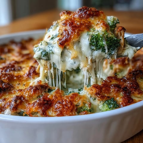 A golden, cheesy casserole with tender chicken and broccoli, baked to perfection for a keto-friendly dinner.  