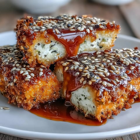 Golden sesame crusted tofu steaks sizzling in a pan, glazed with rich teriyaki sauce and garnished with fresh scallions for a vibrant vegan main dish.